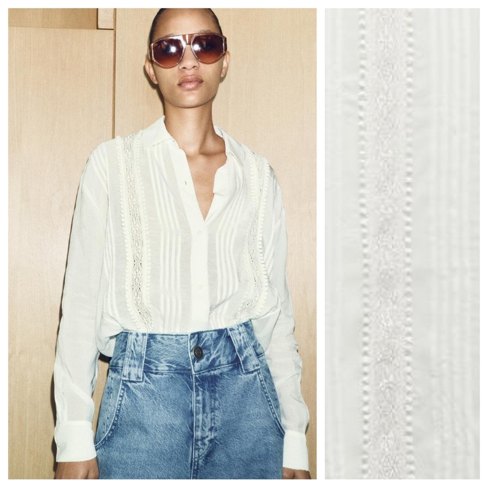 NWT. Zara ZW Collection White 100% Viscose Shirt with Lace. Size S.